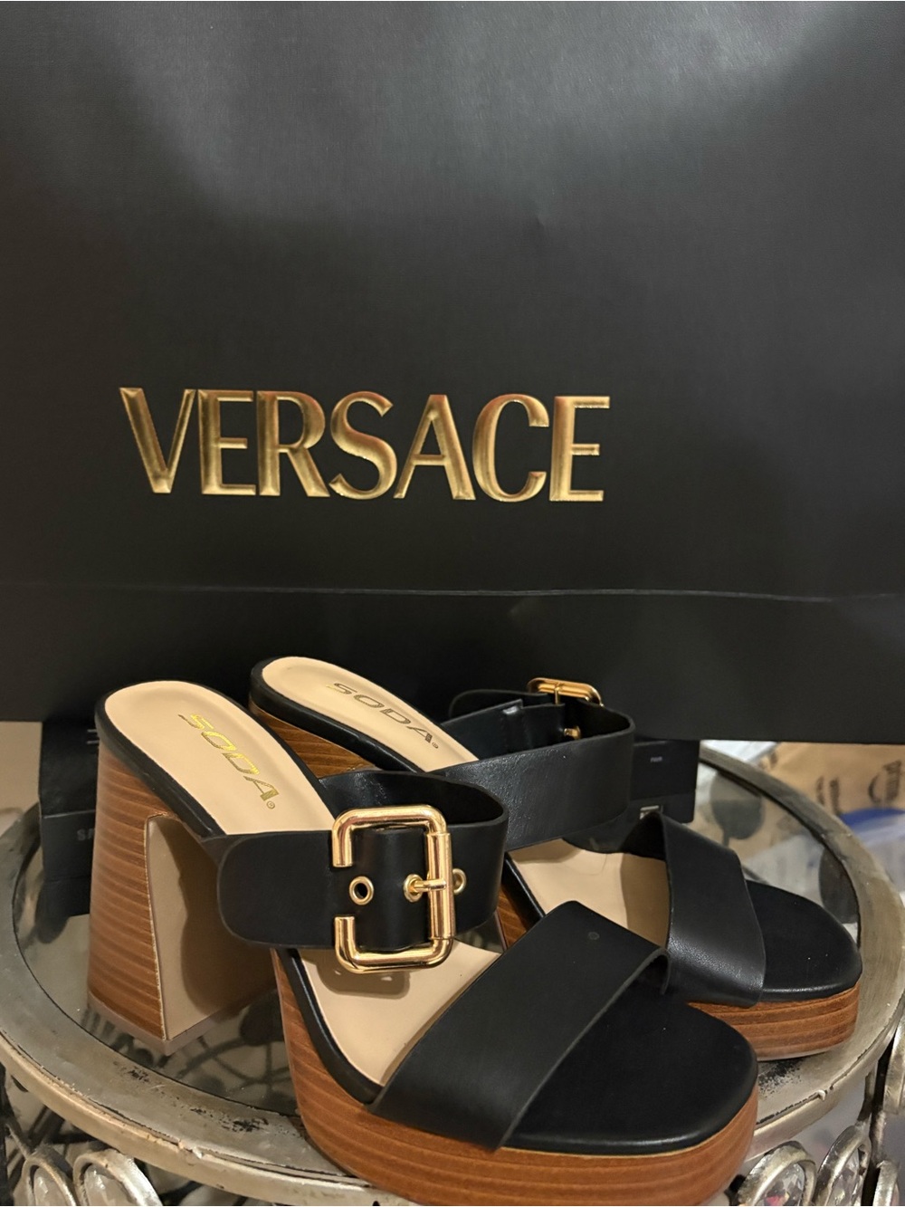 Versace Black Leather Platform Sandals with Gold Buckle and Wood-Effect Heel